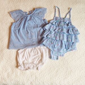 Girly Eyelet Detail Pastel Blue Top, Shorts/bloomers, and Romper Set Size 18M